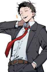  +++ 1boy adachi_tooru belt belt_buckle black_hair black_jacket black_pants brown_belt buckle business_suit closed_eyes collared_shirt commentary_request dress_shirt facing_ahead gaba33 hand_in_pocket hand_on_own_neck hand_up jacket lapels laughing long_sleeves male_focus messy_hair necktie notched_lapels open_clothes open_jacket open_mouth pants persona persona_4 red_necktie shirt shirt_tucked_in short_hair signature simple_background smile solo suit suit_jacket teeth upper_body upper_teeth_only white_background white_shirt wing_collar 