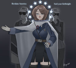  1girl 2boys absurdres baseball_cap belt black-framed_eyewear black_pantyhose black_skirt blue_coat blue_eyes body_armor brown_belt brown_hair coat english_text fasces_(object) gloves hand_on_own_hip hat hearts_of_iron highres holding holding_shield legarde1307 multiple_boys original pantyhose partially_colored personification scar scar_on_face shield short_hair skirt solo_focus star_(symbol) the_fire_rises united_states white_coat white_gloves 