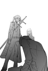  1boy 2girls coat commentary_request greyscale highres isadora_(project_moon) julia_(project_moon) kneeling library_of_ruina looking_down monochrome multiple_girls open_mouth project_moon san_(project_moon) simple_background sitting sword sword_on_back twintails weapon weapon_on_back wei_qie_zaisheng zwei_association_south_uniform zweihander 