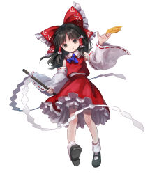  1girl absurdres ascot between_fingers black_shoes bloomers blue_ascot bow brown_eyes brown_hair closed_mouth commentary_request detached_sleeves frilled_bow frilled_hair_tubes frilled_skirt frills full_body gohei hair_bow hair_tubes hakurei_reimu highres holding holding_gohei holding_ofuda long_hair looking_at_viewer mary_janes ofuda ofuda_between_fingers red_bow red_skirt ribbon-trimmed_sleeves ribbon_trim shoes simple_background skirt skirt_set socks solo tachibana_yae_(kanzaki_kura) touhou white_background white_bloomers white_socks 