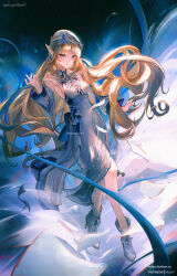  1girl bare_shoulders beret blonde_hair blue_eyes breasts closed_mouth commentary detached_sleeves dress english_commentary facial_mark forehead_mark full_body genshin_impact hat highres long_hair long_sleeves looking_at_viewer minz_(minh_nguyen) nicole_reeyn pointy_ears smile solo very_long_hair white_dress white_hat 