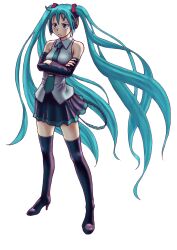 1girl aqua_eyes aqua_hair aqua_necktie aqua_trim arm_warmers bare_shoulders black_arm_warmers black_boots black_skirt boots breasts closed_mouth collared_shirt commentary_request crossed_arms floating_clothes floating_hair full_body hatsune_miku headphones high_heel_boots high_heels highres invisible_floor long_hair miniskirt necktie serious shirt sidelocks simple_background skirt small_breasts standing thigh_boots tie_clip transparent_background v-shaped_eyebrows very_long_hair vocaloid wing_collar wokada zettai_ryouiki 