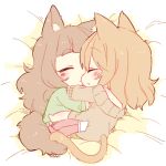  2girls animal_ears brown_hair cat_ears cat_tail chibi closed_eyes dog_ears dog_tail female flat_color houjou_karen hug idolmaster idolmaster_cinderella_girls kamiya_nao long_hair long_sleeves lying multiple_girls on_side six_(fnrptal1010) sleeping sleeves_past_wrists sweater tail white_background 