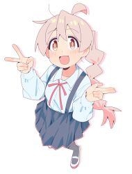  1girl absurdres ahoge commentary_request full_body highres karubi_(karubi465558) long_hair looking_at_viewer neck_ribbon onii-chan_wa_oshimai! open_mouth orange_eyes oyama_mahiro pantyhose pink_hair pleated_skirt ribbon school_uniform shoes simple_background skirt smile solo suspender_skirt suspenders uwabaki v white_background yotsuba_university_affiliated_junior_high_school_uniform 