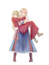  2girls absurdres alice_margatroid blonde_hair blue_dress blue_eyes boots brown_boots capelet carrying carrying_person closed_mouth commentary_request dress full_body green_hair hair_between_eyes hairband hand_on_another's_shoulder highres jacket kazami_yuuka lace-up_boots legs_apart long_dress looking_at_another looking_at_viewer multiple_girls open_clothes open_jacket parted_lips princess_carry red_eyes red_hairband red_jacket scarf short_hair simple_background smile touhou tukino_mei turn_pale white_background white_capelet yellow_scarf 