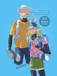  2boys beard black_leggings blue_background blue_hat closed_mouth commentary_request cosplay facial_hair female_protagonist_(pokemon_ww) female_protagonist_(pokemon_ww)_(cosplay) fingerless_gloves floral_print ghetsis_(pokemon) gloves green_hair green_shorts hand_up hat highres holding holding_poke_ball leggings long_hair lysandre_(pokemon) male_focus male_protagonist_(pokemon_ww) male_protagonist_(pokemon_ww)_(cosplay) multiple_boys orange_shirt poke_ball poke_ball_(basic) pokemon pokemon_bw pokemon_legends:_z-a pokemon_ww red_eyes shirt shorts smile tsuruba_(tsu41014812) twitter_username undershirt watermark white_hat 