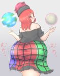  1girl ass ass_shake blush earth fat from_behind frown guroo_(shine119) hecatia_lapislazuli highres huge_ass looking_at_viewer looking_back moon off-shoulder_shirt off_shoulder plump polos_crown red_eyes redhead shirt short_hair solo thick_thighs thighs touhou translation_request 
