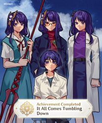  1boy 3girls achievement_unlocked akagi_ritsuko akagi_ritsuko_(cosplay) alternate_costume alternate_universe artist_name belt blue_sky blunt_bangs chair closed_mouth clouds cloudy_sky coat collarbone collared_shirt cosplay doctor dress eints01 english_commentary expressionless fan_hair_ornament game_screenshot genshin_impact hair_between_eyes highres holding holding_polearm holding_weapon ikari_gendou ikari_gendou_(cosplay) ikari_shinji ikari_shinji_(cosplay) in-franchise_crossover jacket lance lance_of_longinus_(evangelion) long_skirt long_sleeves looking_at_viewer makoto_(genshin_impact) male_focus mole mole_under_eye mother_and_son multiple_girls neon_genesis_evangelion on_chair open_clothes open_jacket outdoors pants parody polearm purple_hair raiden_shogun sad scaramouche_(genshin_impact) scene_reference school_uniform shade shirt siblings sisters sitting skirt sky souryuu_asuka_langley souryuu_asuka_langley_(cosplay) sunglasses twins twitter_username violet_eyes weapon white_coat white_shirt 