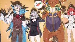 2boys 2girls absurdres ahoge black_dress blue_coat bug butterfly centaur closed_eyes coat dress facial_hair fate/grand_order fate/strange_fake fate_(series) fujimaru_ritsuka_(female) fujimaru_ritsuka_(female)_(decisive_battle_chaldea_uniform) fur-trimmed_coat fur-trimmed_sleeves fur_trim glasses grey_facial_hair grey_hair highres holding_hands horse james_moriarty_(archer)_(fate) jeanne_d'arc_alter_(fate) jeanne_d'arc_alter_(ver._shinjuku_1999)_(fate) jewelry long_sleeves multiple_boys multiple_girls mustache necklace niwaikanai official_alternate_costume old old_man open_clothes open_coat orange_hair red_hare_(fate) sherlock_holmes_(fate) short_dress short_hair smile taur vest white_dress yellow_eyes zipper_dress 
