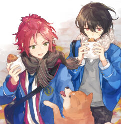  2boys bangs_pinned_back black_bag black_hair black_necktie black_pants black_scarf blue_jacket commentary_request crossbody_bag dog eating ensemble_stars! fingernails food green_eyes grey_vest hand_up hands_up highres holding holding_food hood hood_down hooded_jacket isara_mao jacket lapels layered_clothes long_sleeves looking_at_animal male_focus multiple_boys necktie negaeri_(nemurieri) notched_lapels open_mouth outdoors pants pink_jacket plaid_clothes plaid_pants red_eyes red_hair sakuma_ritsu scarf school_uniform shiba_inu shirt short_hair taiyaki vest wagashi white_scarf white_shirt yumenosaki_school_uniform 