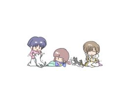  3girls ^_^ animal_on_lap blue_hair blush_stickers brown_hair cat cat_on_lap cat_teaser chibi chibi_only closed_eyes closed_mouth commentary_request green_pants low_side_ponytail multiple_girls on_lap pants pink_shirt ranma_1/2 shirt short_hair siblings sisters skirt smile tendou_akane tendou_kasumi tendou_nabiki wanta_(futoshi) white_background white_skirt 