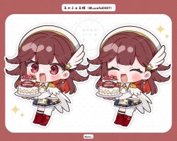  1girl :d ^_^ blunt_bangs blush_stickers boots border brown_hair cake character_name chibi chibi_only closed_eyes commentary_request dot_nose double-parted_bangs drop_shadow egissi food frilled_skirt frills full_body hair_ornament hat highres holding holding_cake holding_food holding_plate indie_virtual_youtuber jacket knee_boots lace-up_boots long_hair long_sleeves lucafal_(vtuber) multiple_views open_mouth outline pantyhose plaid_clothes plaid_skirt plate pleated_skirt polka_dot polka_dot_background red_boots red_border red_eyes single_leg_pantyhose skirt smile sparkle standing striped_border twitter_username virtual_youtuber watermark white_background white_hat white_jacket white_outline white_pantyhose wing_hair_ornament 