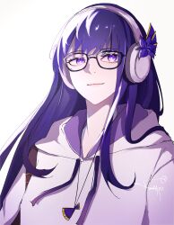  1girl absurdres alternate_costume artist_name blunt_bangs closed_mouth english_commentary genshin_impact glasses headphones highres hood hood_down hoodie hoyofair jewelry kumah_dessu long_hair long_sleeves looking_to_the_side mole mole_under_eye necklace pink_lips purple_hair purple_hoodie raiden_shogun raiden_shogun_(2nd_anniversary) shade signature solo upper_body violet_eyes 