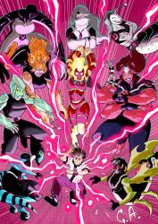  1boy 6+girls absurdres ahoge alien arthropod_girl arthropod_limbs belt ben_10 ben_tennyson black_claws black_jumpsuit black_lips black_sclera blue_skin brown_hair brown_pants cargo_pants chaquetrix cloak collar colored_sclera colored_skin compound_eyes cracked_skin crossed_arms crystal_hair crystal_skin diamondhead elemental_(creature) extra_arms fire fire_elemental fish_girl forehead_protector four_arms_(ben_10) four_eyes genderswap genderswap_(mtf) ghost_girl ghost_tail ghostfreak gills green_eyes green_hair grey_matter_(ben_10) grey_skin grin hair_over_eyes hair_over_one_eye heatblast highres horizontal_pupils huge_ahoge insect_wings jumpsuit long_hair messy_hair mini_person minigirl multiple_girls nocturnoalado one-eyed orange_fur pants pink_pupils red_skin ripjaws sharp_teeth shirt short_hair signature smile spanish_commentary stinkfly striped_tail tail teeth upgrade_(ben_10) watch white_cloak white_eyes white_hair white_shirt wildmutt wings xlr8 yellow_eyes 