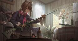  absinthe_(arknights) absinthe_(noon_twilight)_(arknights) animal_ears arknights bare_tree bear_ears black_dress bottle brown_gloves brown_hair cleaning cleaning_weapon commentary dress ely_(elylyyyyyy) english_commentary flower frown full_body gloves gun highres holding holding_gun holding_rag holding_weapon indoors long_sleeves looking_down neckerchief plant red_eyes red_neckerchief refrigerator rifle short_hair sidelocks table tablecloth tree tulip wallpaper_(object) weapon window 