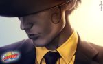  1boy black_necktie collared_shirt copyright_name fedora hat hat_over_eyes katekyo_hitman_reborn makoto13 male_focus necktie realistic reborn solo suit yellow_shirt 