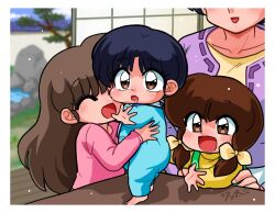  4girls ^_^ blue_hair border brown_eyes character_request child closed_eyes collarbone commentary_request indoors long_hair low_twintails mother_and_daughter multiple_girls onesie ranma_1/2 short_hair siblings sisters tendou_akane tendou_kasumi tendou_nabiki toddler twintails wanta_(futoshi) 