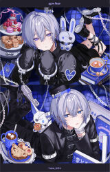  1boy absurdres black_boots black_jacket black_pants blue_eyes book boots commentary_request cookie cup double-parted_bangs food gloves grey_hair hair_between_eyes hair_intakes head_rest highres jacket legs_up long_sleeves looking_at_viewer lying male_focus multiple_views nana_tetra on_stomach open_book open_mouth original pants parted_lips short_hair sugar_cube teaspoon violet_eyes white_gloves 