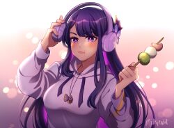  1girl alternate_costume alternate_universe artist_name bite_mark blush chewing contemporary cosplay dango eating english_commentary food genshin_impact hair_down highres holding holding_food hood hood_down hoodie hoyofair jewelry long_sleeves looking_at_viewer milkienut mole mole_under_eye multicolored_hair necklace purple_background purple_hair purple_hoodie purple_nails raiden_shogun raiden_shogun_(2nd_anniversary) raiden_shogun_(cosplay) shade solo violet_eyes wagashi 