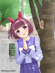  1girl animal_ears bow bowtie commentary_request ear_covers hairband head_tilt highres horse_ears horse_girl k1kojima looking_at_viewer nishino_flower_(umamusume) own_hands_together pink_hairband pleated_skirt purple_hair purple_shirt purple_skirt sailor_collar sailor_shirt school_uniform shirt short_hair simple_background skirt solo tracen_school_uniform tree twitter_username umamusume violet_eyes white_background white_bow white_bowtie 