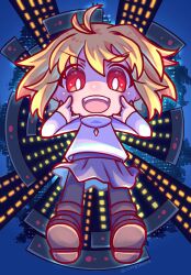  1girl :d \m/ ahoge arcueid_brunestud blonde_hair blue_skirt boots brown_boots building chibi chibi_only city double_\m/ falling fangs floating floating_clothes floating_hair from_above hair_intakes highres isurugiratone jewelry looking_at_viewer miniskirt necklace night plaid_clothes plaid_skirt red_eyes short_hair sidelocks skirt smile sweater tsukihime tsukihime_(remake) turtleneck turtleneck_sweater white_sweater 