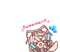  >_< 1girl :d animal_ear_fluff animal_ears black_jacket brown_hair chibi closed_eyes commentary_request cropped_torso dog_ears dog_girl dog_tail facing_viewer fake_horns fang glowstick hair_between_eyes hairband headphones headphones_around_neck highres holding hololive hololive_english horns jacket mitarashi_neko mococo_abyssgard mococo_abyssgard_(1st_costume) multicolored_hair notice_lines pink_hair pink_hairband shirt simple_background smile solo streaked_hair tail two_side_up upper_body virtual_youtuber white_background white_shirt xd 