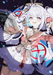  1girl black_gloves braid chyanu commentary diamond_(shape) diamond_facial_mark facial_mark gloves hat heart heart_facial_mark highres honkai:_star_rail honkai_(series) japanese_clothes long_hair mini_hat mini_top_hat open_mouth skirt solo sparkle_(honkai:_star_rail) sparxie_(honkai:_star_rail) spotlight top_hat twintails violet_eyes white_hair white_skirt 