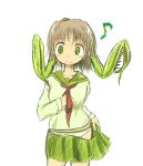  1girl extra_arms female green_eyes insect_girl monster_girl musical_note original panties sailor_collar seirei seirei_(mimi_toka) short_hair simple_background skirt solo underwear undressing white_background 