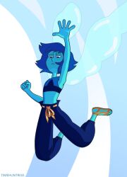  1girl arm_up artist_name blue_eyes blue_hair blue_skin clenched_hand closed_mouth colored_skin commentary drawstring english_commentary full_body gem_(steven_universe) hand_up highres lapis_lazuli_(steven_universe) official_style open_hand outstretched_arm short_hair solo steven_universe tied_drawstring timehuntress wings 