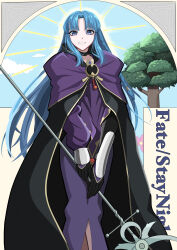  1girl absurdres art_nouveau blue_eyes blue_hair braid breasts commentary_request copyright_name dress fate/stay_night fate_(series) gauntlets gloves hecate's_staff_(fate) highres holding holding_staff jewelry koma315ht long_hair long_sleeves looking_at_viewer mage_staff medea_(caster)_(fate) medea_(fate) pointy_ears side_braid smile solo staff tree 