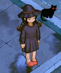 1girl black_cat black_hair blue_hat blue_skirt blue_sweater braid braided_twintails cat closed_eyes closed_mouth commentary english_commentary hat highres in-universe_location isometric large_variant_set low_twintails madotsuki meltted on_rooftop outdoors pleated_skirt puddle rain red_eyes redrawn skirt solo sweater twintails variant_set witch_hat yume_nikki 