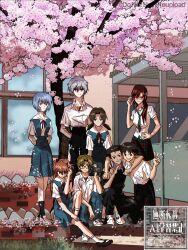  4boys 4girls aida_kensuke ayanami_rei beard black_hair blue_eyes blue_hair blue_skirt breasts brown_eyes brown_hair camera cherry_blossoms collared_shirt facial_hair glasses green_necktie grey_hair hair_between_eyes hair_bobbles hair_ornament hairband highres holding holding_camera horaki_hikari ikari_shinji long_hair looking_at_viewer makinami_mari_illustrious medium_breasts multiple_boys multiple_girls nagisa_kaworu necktie neon_genesis_evangelion orange_hair pants rebuild_of_evangelion red_eyes school_uniform shirt short_hair skirt smile souryuu_asuka_langley suzuhara_touji teentage tokyo-3_middle_school_uniform twintails watermark white_shirt 