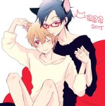  2boys blue_hair cat_ears free! glasses hazuki_nagisa male_focus multiple_boys ryuugazaki_rei wink 