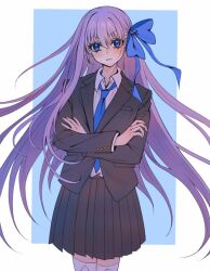  1girl alternate_costume black_skirt black_suit blue_bow blue_eyes blue_necktie blush bow breast_pocket collared_shirt crossed_arms fate/extra fate/extra_ccc fate_(series) hair_bow head_tilt long_hair long_sleeves looking_at_viewer meltryllis_(fate) necktie pl945la pocket purple_hair ribbon shirt skirt socks suit very_long_hair white_shirt white_socks 