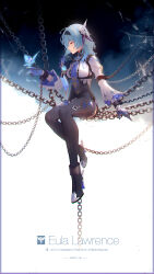  1girl absurdres artist_name black_background black_gloves black_hairband black_leotard blue_background blue_cape blue_gloves blue_hair blue_necktie blush boots breasts bug butterfly cape chain chest_harness chinese_commentary clothing_cutout commentary_request eula_(genshin_impact) full_body genshin_impact gloves gradient_background greatsword hair_between_eyes hair_ornament hairband harness high-waist_shorts highres large_breasts leotard long_hair long_sleeves medium_breasts medium_hair multicolored_eyes necktie shorts shoulder_cutout signature sitting solo sword thigh-highs thigh_boots thighs violet_eyes vision_(genshin_impact) weapon white_background yellow_eyes yuciqialiaogehou 