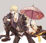  1boy 1girl belt blonde_hair blue_eyes boots brother_and_sister coat dress edna_(tales) eizen_(tales) gloves gradient gradient_background hair_ornament hairband pants short_hair tales_of_(series) tales_of_berseria tales_of_zestiria umbrella 