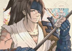  1boy blue_headband brown_hair headband holding holding_sword holding_weapon japanese_clothes katana long_hair male_focus murasame_(rune_factory) muscular muscular_male ponytail rune_factory rune_factory:_guardians_of_azuma scar scar_on_chest scar_on_face scar_on_nose scar_on_shoulder shio_hico sword vest weapon white_vest 