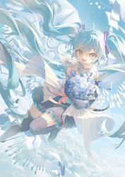  1girl aqua_eyes aqua_hair aqua_nails aqua_necktie aqua_trim black_skirt black_sleeves blush boots bouquet commentary_request detached_sleeves flower frilled_shirt frilled_shirt_collar frills hair_between_eyes hair_ornament hatsune_miku hatsune_miku_happy_16th_birthday_-dear_creators- headset highres holding holding_bouquet long_hair long_sleeves looking_at_viewer miku_day miniskirt necktie official_alternate_costume open_mouth ouu_min pleated_skirt rose shirt skirt smile solo thigh_boots twintails very_long_hair vocaloid white_flower white_rose wide_sleeves wings zettai_ryouiki 
