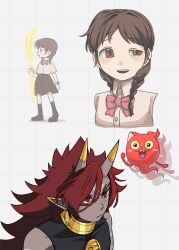  1boy 1girl amano_natsume black_skirt bow bowtie braid brown_eyes brown_hair colored_skin earrings ehqg5mqvfk83148 facial_mark forehead_mark grey_skin grid_background highres holding holding_weapon hoop_earrings horns jewelry junior_(youkai_watch) light_smile long_hair looking_to_the_side low_twin_braids mark_under_both_eyes multiple_views oni open_mouth pink_bow pink_bowtie pleated_skirt red_eyes red_hair sakura_middle_school_uniform school_uniform shirt shutendouji_(shadowside) skin-covered_horns skirt sleeveless sleeveless_shirt spiky_hair standing summer_uniform teeth tsurime twin_braids upper_teeth_only watch weapon white_background white_shirt youkai_(youkai_watch) youkai_watch youkai_watch_(object) youkai_watch_shadowside 