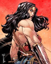  1girl black_hair blue_eyes blue_skirt circlet closed_mouth commentary dc_comics english_commentary highres long_hair looking_back sergacuna signature skirt toned toned_female wonder_woman wonder_woman_(series) wrist_guards 