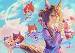  6+girls absurdres ahoge animal_ears blue_dress blue_hair blunt_bangs bow bowtie braid breasts brown_eyes brown_hair camellia_(camel_mal) closed_mouth commentary_request crossed_bangs dress ear_bow ear_covers ear_ornament ear_ribbon ears_through_headwear food glasses gloves green-framed_eyewear green_bow grey-framed_eyewear hair_ornament hairclip hat highres holding holding_food horse_ears horse_girl horse_tail ikuno_dictus_(umamusume) long_hair long_sleeves matikanetannhauser_(umamusume) medium_hair multicolored_hair multiple_girls newsboy_cap nice_nature_(umamusume) official_alternate_costume open_mouth over-rim_eyewear parfait pleated_skirt puffy_short_sleeves puffy_sleeves purple_bow purple_bowtie purple_sailor_collar purple_serafuku purple_shirt purple_skirt round_eyewear royce_and_royce_(umamusume) sailor_collar sailor_shirt school_uniform semi-rimless_eyewear serafuku sharp_teeth shirt short_sleeves sidelocks single_ear_cover skirt smile sounds_of_earth_(sonata_alla_menta)_(umamusume) sounds_of_earth_(umamusume) streaked_hair tail teeth tilted_headwear tracen_school_uniform twin_turbo_(umamusume) twintails umamusume white_bow white_bowtie white_sailor_collar white_skirt yellow_eyes 