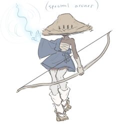  body_fur bow_(weapon) chest_sarashi furry furry_female hat highres holding holding_bow_(weapon) holding_weapon japanese_clothes magic original sandals sarashi straw_hat tateoftot weapon white_fur 