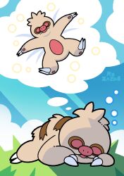  absurdres claws cocoro_the_c commentary_request dreaming fangs highres lying multiple_views no_humans on_back on_stomach open_mouth pokemon pokemon_(creature) signature slakoth sleeping 