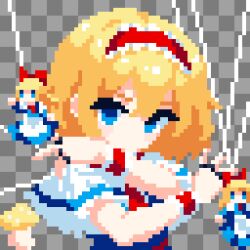  1girl alice_margatroid blonde_hair blue_eyes capelet commentary_request hairband highres looking_at_viewer mushroom pixel_art puppet_strings red_hairband shanghai_doll solo takeez3 touhou white_capelet 