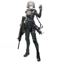  1girl arknights artist_request assault_rifle boots crossover fingerless_gloves full_body gloves grey_eyes gun h&amp;k_g36 highres iana_(rainbow_six_siege) knee_pads official_art rainbow_six_siege rifle science_fiction short_hair solo tachi-e tactical_clothes third-party_source transparent_background trigger_discipline weapon white_hair 