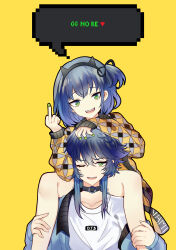  2boys :d ;d animal_ear_hairband animal_ears black_choker black_hairband black_ribbon blue_hair blue_jacket blue_shorts bright_pupils carrying carrying_person cat_ear_hairband cat_ears character_name choker clothes_writing collarbone commentary_request denim denim_shorts double-parted_bangs dual_persona english_text fake_animal_ears fangs feet_out_of_frame fingerless_gloves flipped_hair gloves green_nails grey_jacket hair_between_eyes hair_ribbon hairband hand_on_another's_head hands_on_another's_legs hands_up head_tilt heart highres jacket jacket_partially_removed kiki_(tsunya) long_sleeves looking_at_viewer male_focus middle_finger multiple_boys nail_polish o-ring o-ring_choker one_eye_closed one_side_up open_clothes open_jacket open_mouth patterned_clothing pixel_art_inset puffy_long_sleeves puffy_sleeves raised_eyebrows ribbon round_teeth ryoune_yami short_hair short_hair_with_long_locks short_shorts shorts shoulder_carry simple_background sitting sleeves_past_wrists smile speech_bubble straight-on swept_bangs teeth trap tsurime upper_body upper_teeth_only utau v-shaped_eyebrows white_hair white_pupils yellow_background yellow_jacket 