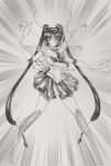  1girl bishoujo_senshi_sailor_moon black_hair blade_under_mask boots bow cosplay elbow_gloves female full_body gloves insect_girl monochrome nae_(blade_under_mask) ribbon sailor_moon sailor_moon_(cosplay) skirt solo tied_hair twintails whitemantis 