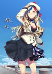 1girl absurdres aircraft airplane belt beret blue_eyes blue_hair blush breasts cleavage commandant_teste_(kantai_collection) hat hiememiko highres kantai_collection redhead skirt smile solo white_hair 