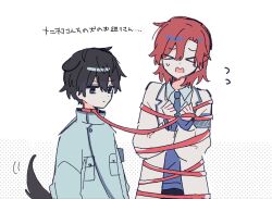  >_< 2boys animal_collar armband arms_at_sides black_hair blue_armband blue_jacket blue_necktie blue_sweater bound coat collar commentary_request dog_boy hands_up highres hyoutenka_30-do_no_zetsubou jacket kuchinashi_dabi lapels leash male_focus medium_hair mole mole_under_eye multiple_boys necktie obvekucy7e54886 red_hair short_hair simple_background sweater tied_up_(nonsexual) tonimura_yui white_background white_coat 