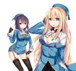  2girls absurdres aqua_eyes atago_(kantai_collection) beret black_gloves black_hair black_legwear black_panties blonde_hair breasts cleavage garter_straps gloves hat highres jyt kantai_collection kerchief large_breasts long_hair looking_at_viewer military military_uniform multiple_girls panties pantyhose pantyshot pantyshot_(standing) red_eyes short_hair simple_background standing takao_(kantai_collection) tehepero thigh-highs tongue tongue_out underwear uniform white_background 